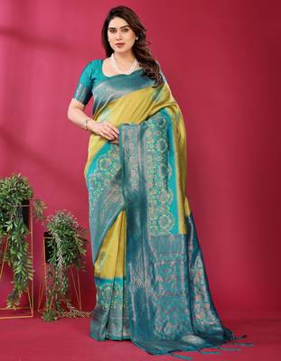 lemon rama silk blend banarasi saree with unstitched blouse piece 1