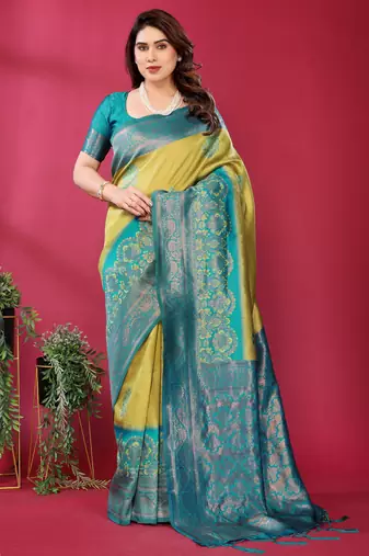 lemon rama  soft art silk blend banarasi jacuard work designer party wear saree with unstitched blouse piece