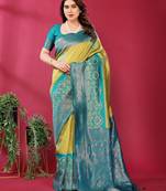 lemon rama  soft art silk blend banarasi jacuard work designer party wear saree with unstitched blouse piece