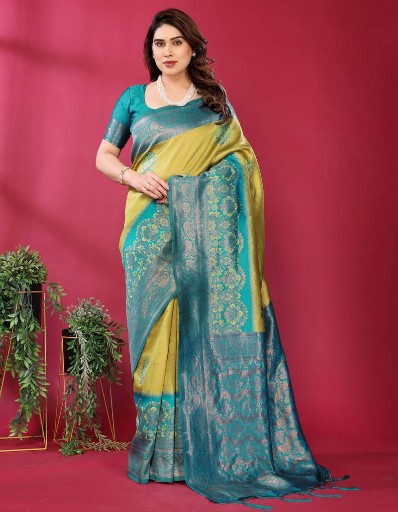 lemon rama  soft art silk blend banarasi jacuard work designer party wear saree with unstitched blouse piece