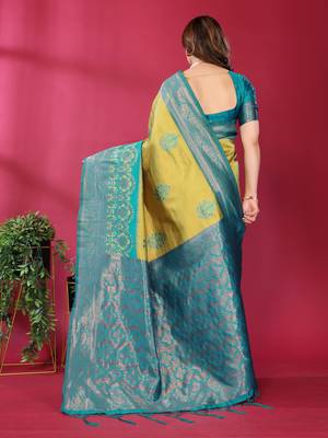 lemon rama silk blend banarasi saree with unstitched blouse piece 2
