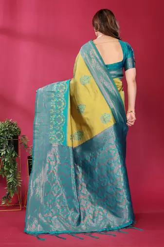 lemon rama silk blend banarasi saree with unstitched blouse piece