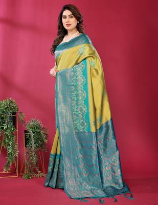 lemon rama silk blend banarasi saree with unstitched blouse piece 3