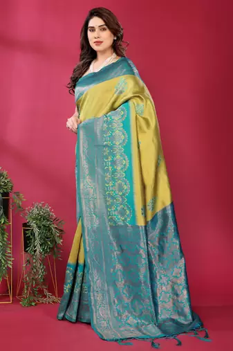 lemon rama silk blend banarasi saree with unstitched blouse piece