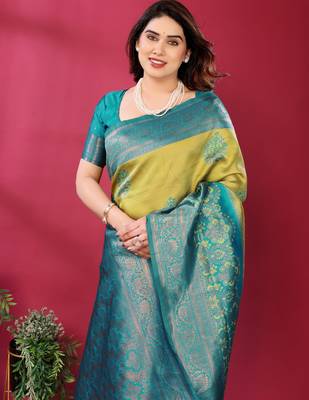lemon rama silk blend banarasi saree with unstitched blouse piece 4
