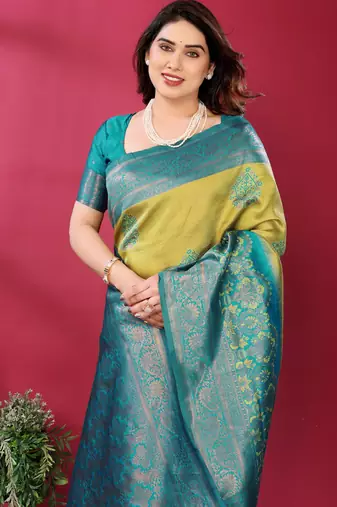 lemon rama silk blend banarasi saree with unstitched blouse piece