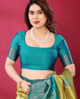 lemon rama silk blend banarasi saree with unstitched blouse piece 5