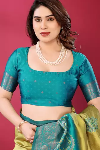 lemon rama silk blend banarasi saree with unstitched blouse piece