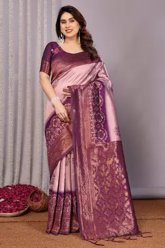 peach wine  soft art silk blend banarasi jacuard work designer party wear saree with unstitched blouse piece