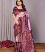 peach wine  soft art silk blend banarasi jacuard work designer party wear saree with unstitched blouse piece