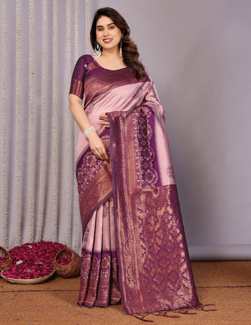 peach wine  soft art silk blend banarasi jacuard work designer party wear saree with unstitched blouse piece