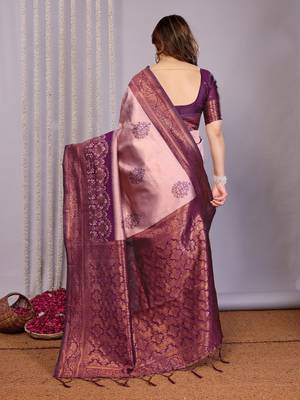 peach wine silk blend banarasi saree with unstitched blouse piece 2