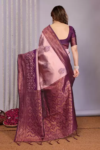 peach wine silk blend banarasi saree with unstitched blouse piece