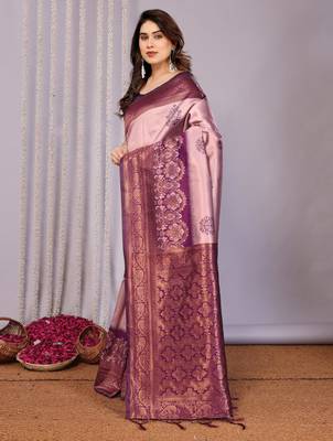 peach wine silk blend banarasi saree with unstitched blouse piece 3