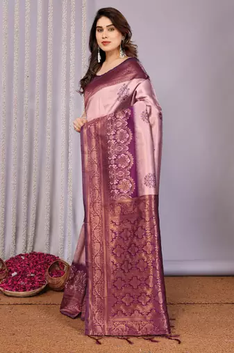 peach wine silk blend banarasi saree with unstitched blouse piece