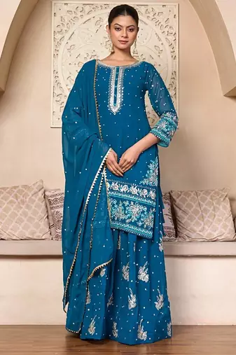 Teal Elegance Embroidered Sharara Set