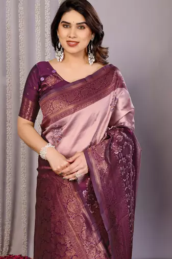 peach wine silk blend banarasi saree with unstitched blouse piece