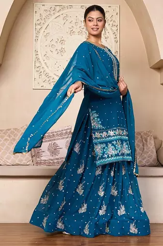 Teal Elegance Embroidered Skirt Set