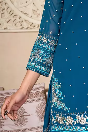 Teal Elegance Embroidered Skirt Set