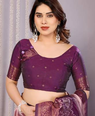 peach wine silk blend banarasi saree with unstitched blouse piece 5