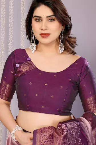 peach wine silk blend banarasi saree with unstitched blouse piece