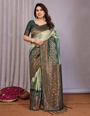 pista green silk blend banarasi saree with unstitched blouse piece 2