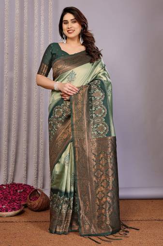 pista green  soft art silk blend banarasi jacuard work designer party wear saree with unstitched blouse piece