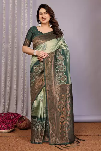 pista green silk blend banarasi saree with unstitched blouse piece