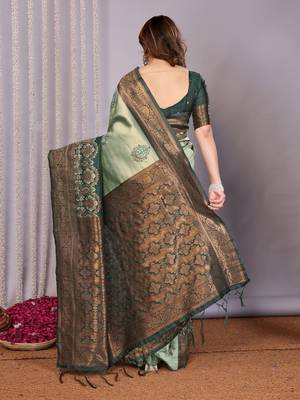 pista green silk blend banarasi saree with unstitched blouse piece 3