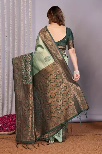 pista green silk blend banarasi saree with unstitched blouse piece
