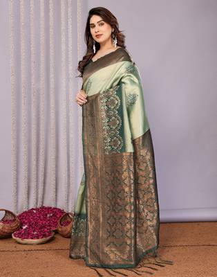 pista green silk blend banarasi saree with unstitched blouse piece 4