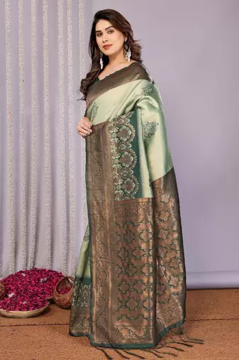 pista green silk blend banarasi saree with unstitched blouse piece