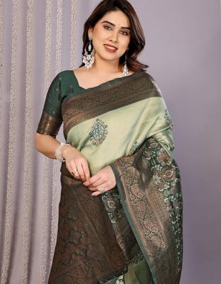 pista green silk blend banarasi saree with unstitched blouse piece 1