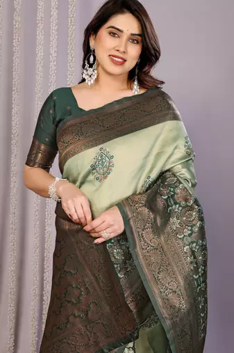 pista green  soft art silk blend banarasi jacuard work designer party wear saree with unstitched blouse piece