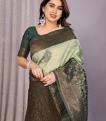 pista green silk blend banarasi saree with unstitched blouse piece