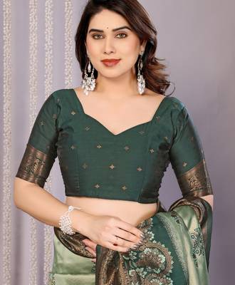 pista green silk blend banarasi saree with unstitched blouse piece 5