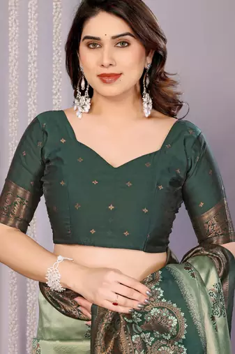 pista green silk blend banarasi saree with unstitched blouse piece