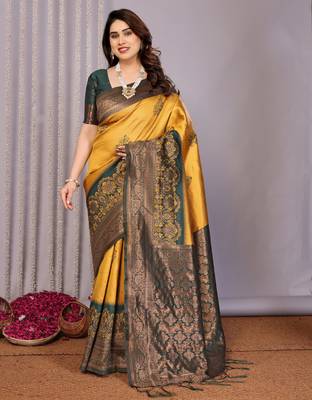 yellow green silk blend banarasi saree with unstitched blouse piece 1