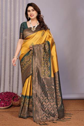 yellow green  soft art silk blend banarasi jacuard work designer party wear saree with unstitched blouse piece