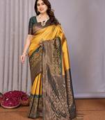 yellow green  soft art silk blend banarasi jacuard work designer party wear saree with unstitched blouse piece
