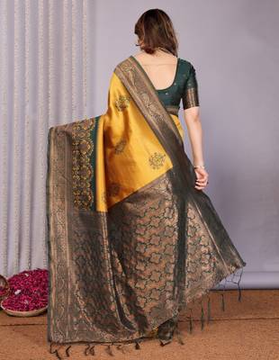 yellow green silk blend banarasi saree with unstitched blouse piece 2
