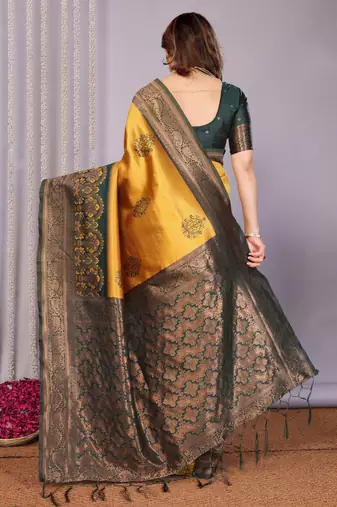 yellow green silk blend banarasi saree with unstitched blouse piece