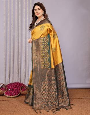 yellow green silk blend banarasi saree with unstitched blouse piece 3