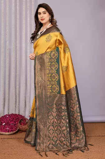 yellow green silk blend banarasi saree with unstitched blouse piece