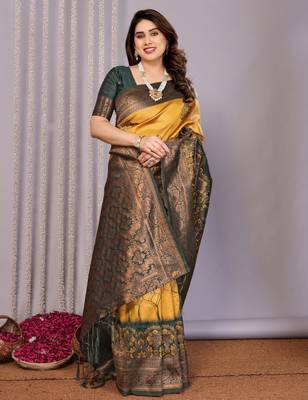 yellow green silk blend banarasi saree with unstitched blouse piece 4