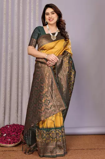 yellow green silk blend banarasi saree with unstitched blouse piece