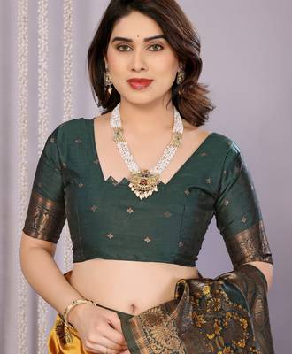 yellow green silk blend banarasi saree with unstitched blouse piece 5
