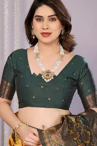 yellow green silk blend banarasi saree with unstitched blouse piece