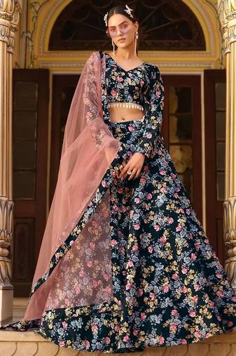 Incredible Black Floral Printed Silk Lehenga Choli With Dupatta
