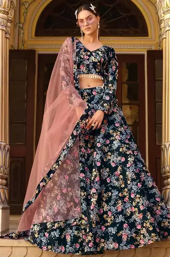 Incredible Black Floral Printed Silk Lehenga Choli With Dupatta